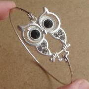 Rhinestone Owl Bangle Bracelet, Simple Everyday Jewelry, Elegant gift, Bridesmaid Gift, Bridal Wedding Jewelry