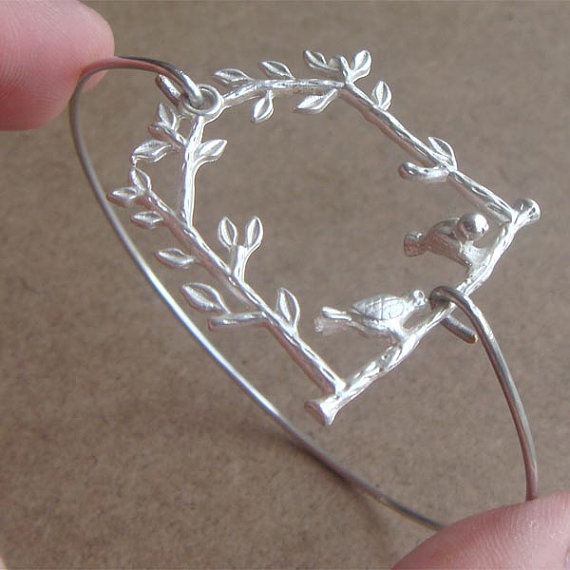 Birds And Branch Bangle Bracelet, Simple Everyday Jewelry, Elegant Gift, Bridesmaid Gift, Bridal Wedding Jewelry