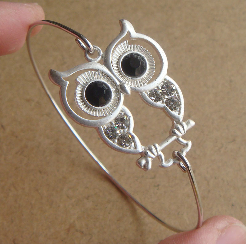 Rhinestone Owl Bangle Bracelet, Simple Everyday Jewelry, Elegant Gift, Bridesmaid Gift, Bridal Wedding Jewelry